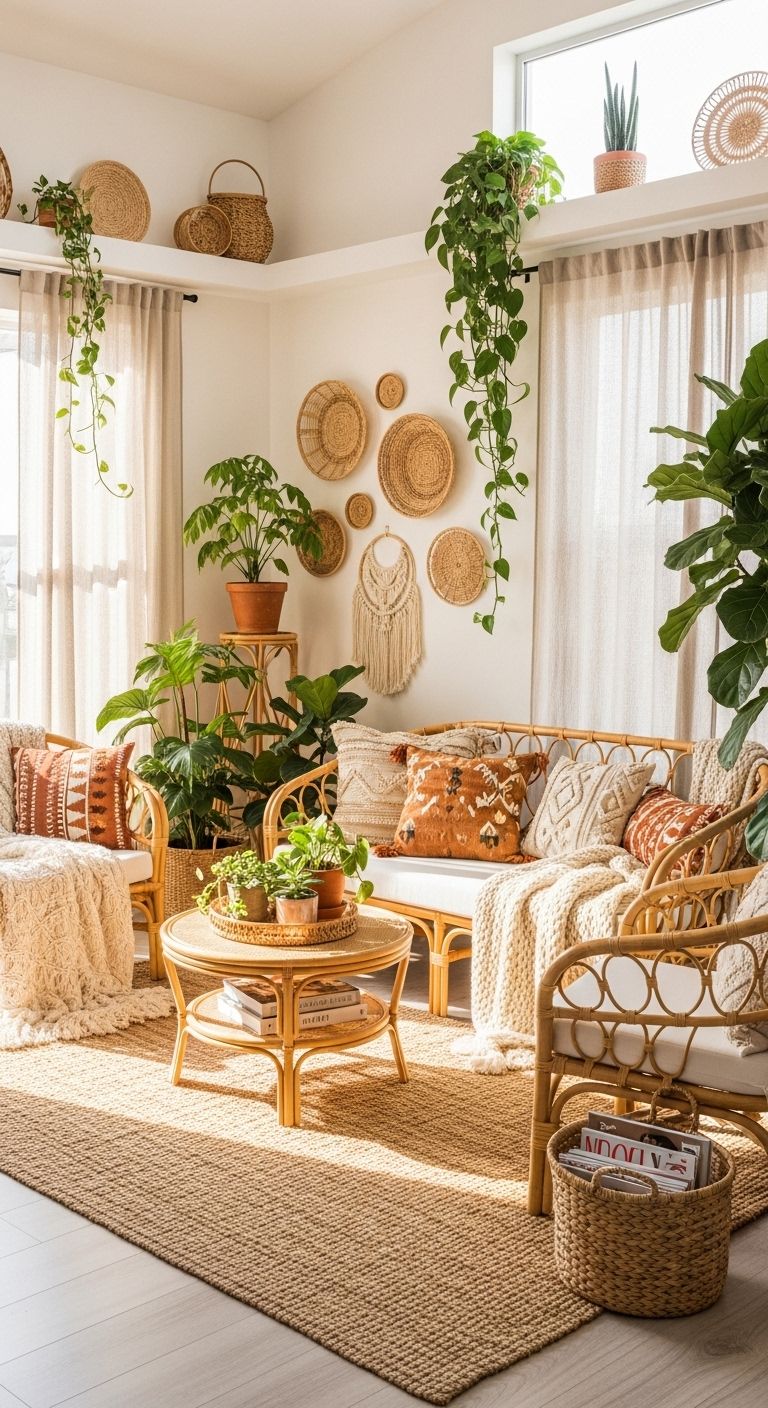 Bohemian-style studio interior with layered natural textures, plants, and soft light